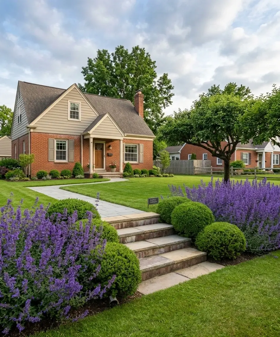 Professional front yard landscape and garden bed installation, featuring fresh mulch, purple catmint, boxwood, and a new stone path.