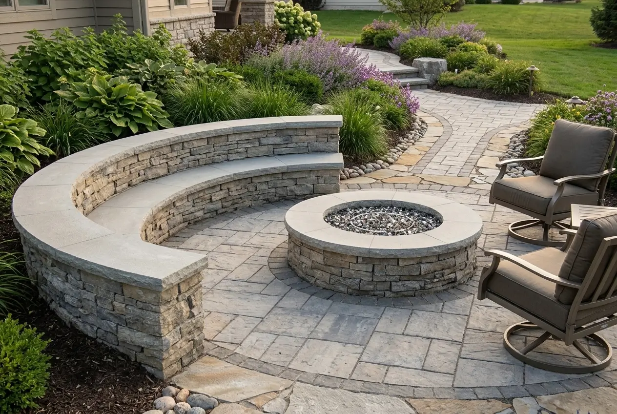 Custom stone paver patio featuring a built-in fire pit, curved stone seating wall, and decorative pavers.