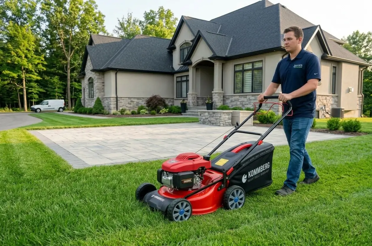 Landscaper operating a red push lawn mower on a lush green suburban lawn.